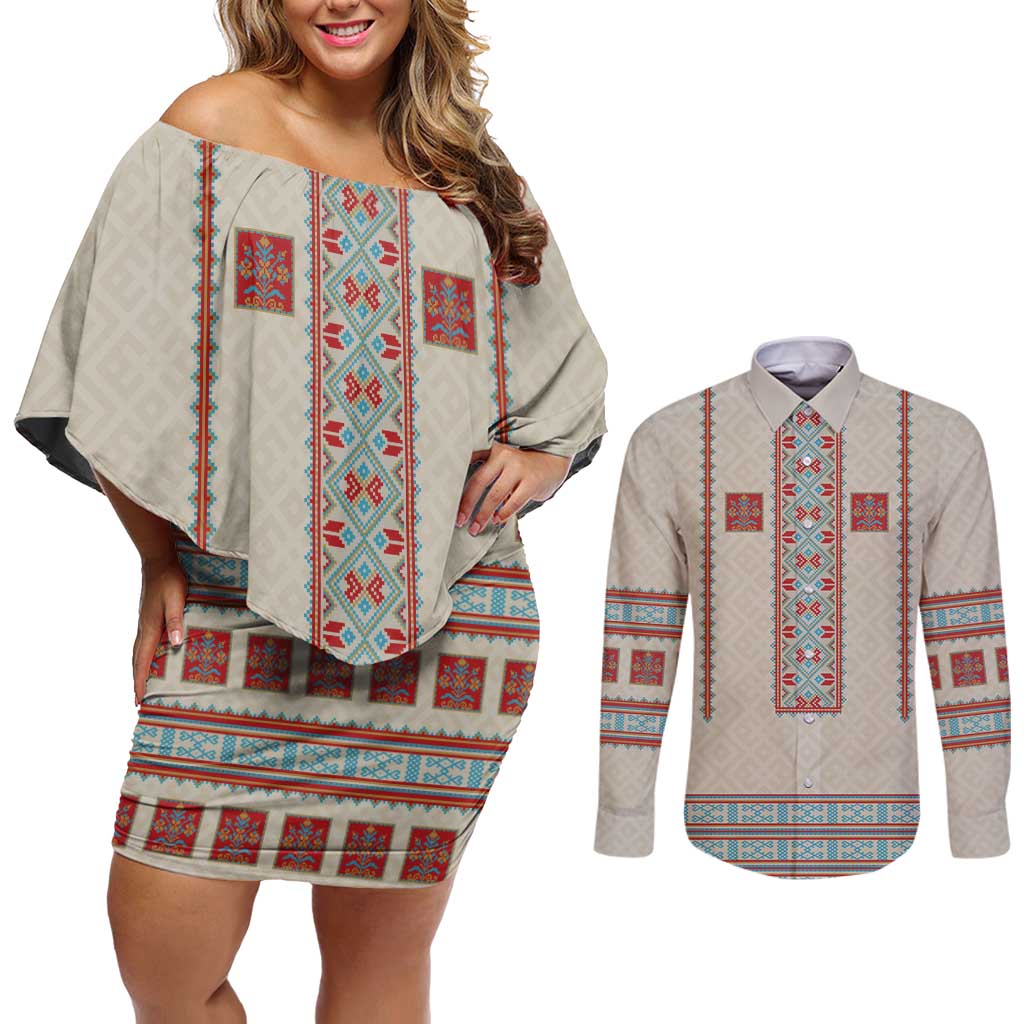 Lithuanian National Costume Couples Matching Off Shoulder Short Dress and Long Sleeve Button Shirt Traditional Folk Pattern - Wonder Print Shop
