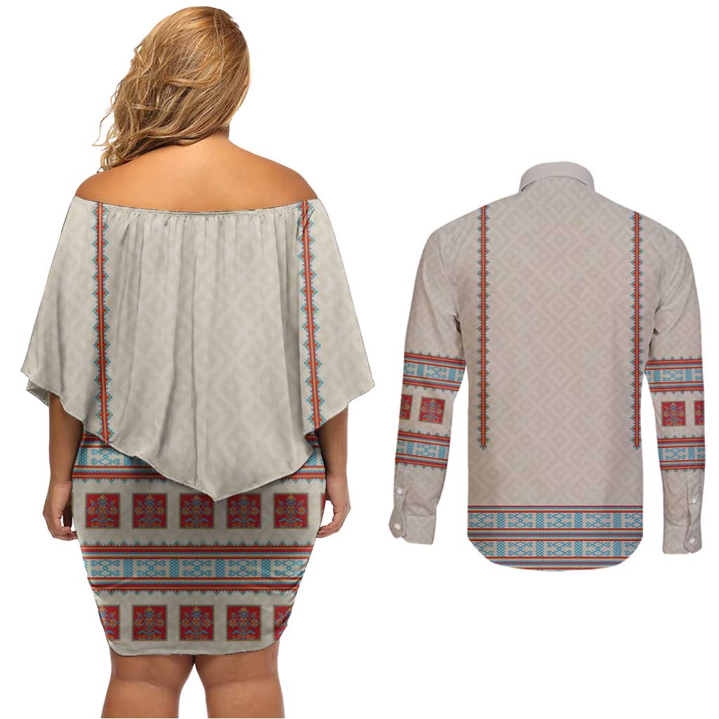 Lithuanian National Costume Couples Matching Off Shoulder Short Dress and Long Sleeve Button Shirt Traditional Folk Pattern - Wonder Print Shop