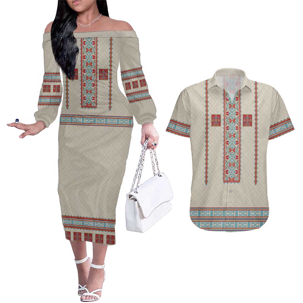 Lithuanian National Costume Couples Matching Off The Shoulder Long Sleeve Dress and Hawaiian Shirt Traditional Folk Pattern - Wonder Print Shop