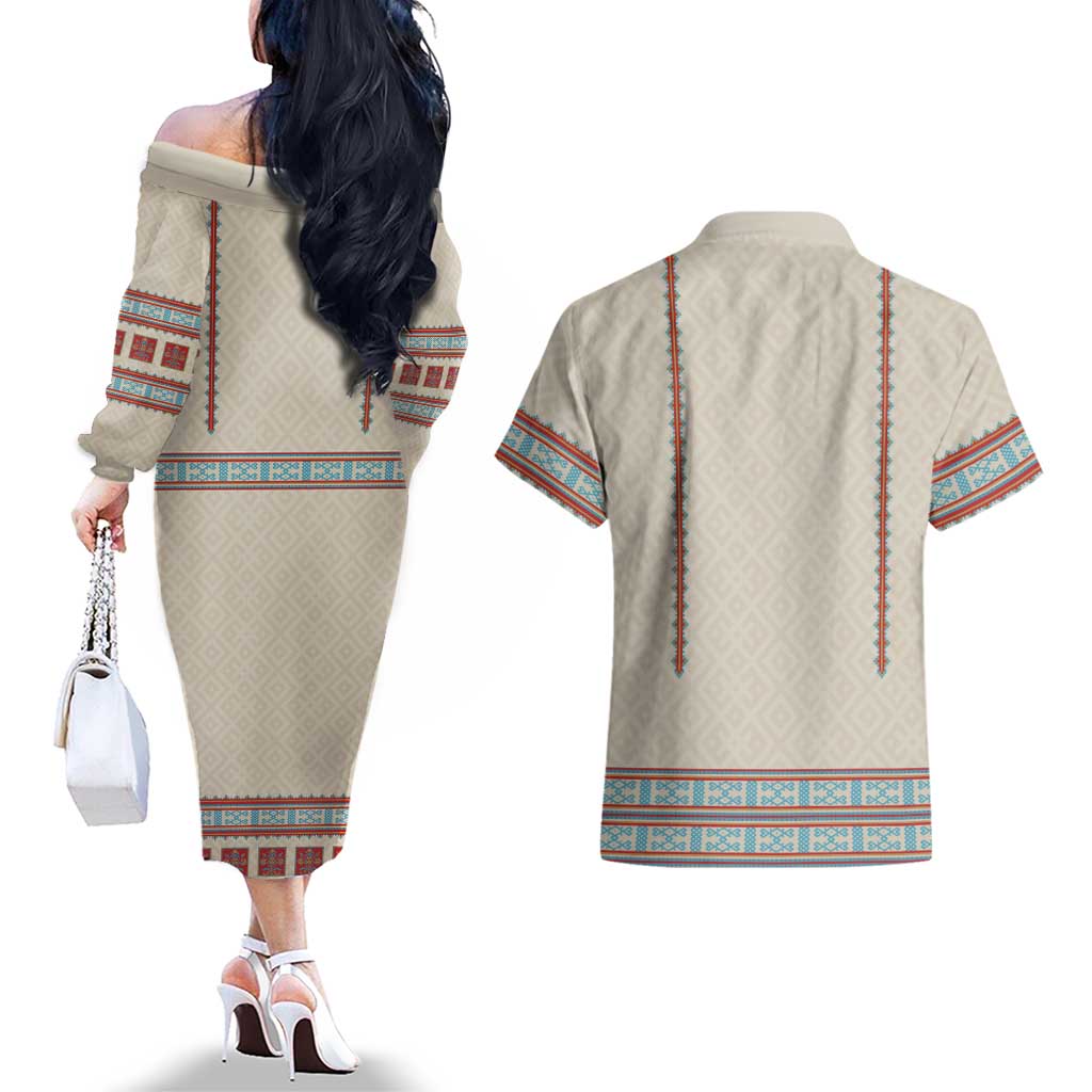 Lithuanian National Costume Couples Matching Off The Shoulder Long Sleeve Dress and Hawaiian Shirt Traditional Folk Pattern - Wonder Print Shop