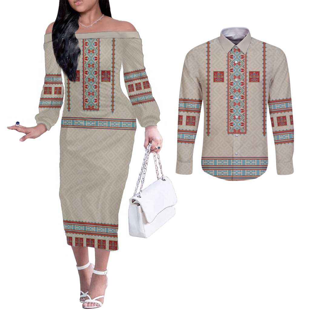 Lithuanian National Costume Couples Matching Off The Shoulder Long Sleeve Dress and Long Sleeve Button Shirt Traditional Folk Pattern - Wonder Print Shop