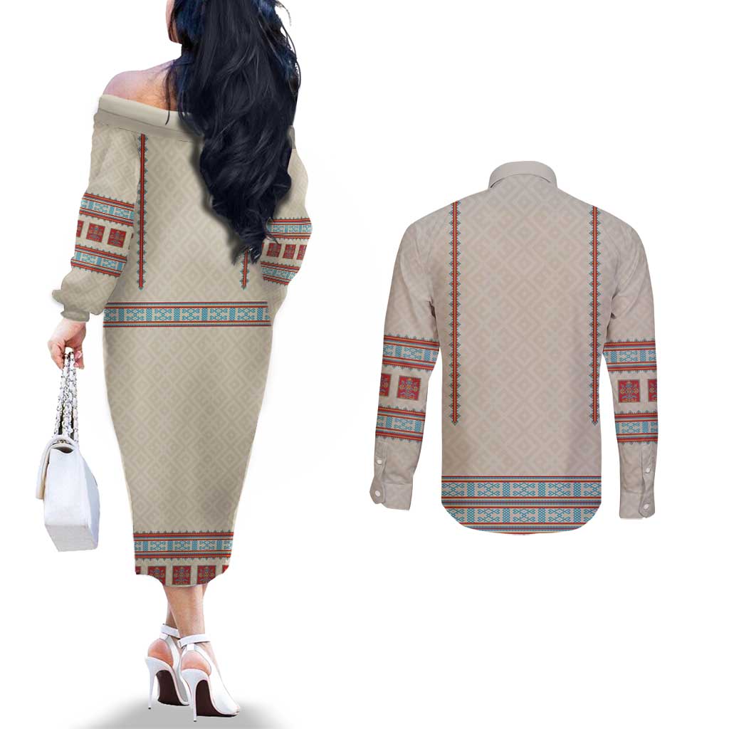 Lithuanian National Costume Couples Matching Off The Shoulder Long Sleeve Dress and Long Sleeve Button Shirt Traditional Folk Pattern - Wonder Print Shop