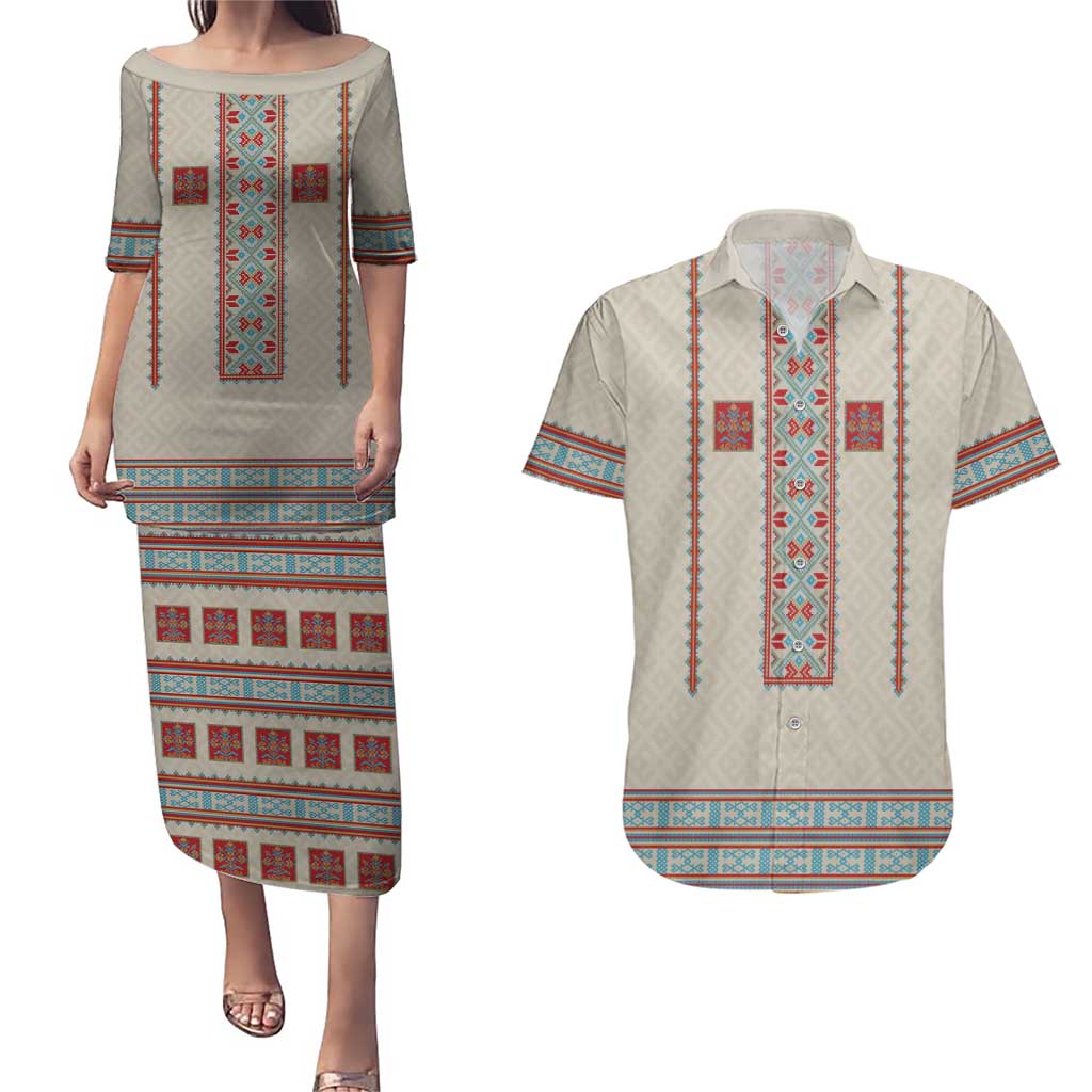 Lithuanian National Costume Couples Matching Puletasi and Hawaiian Shirt Traditional Folk Pattern - Wonder Print Shop