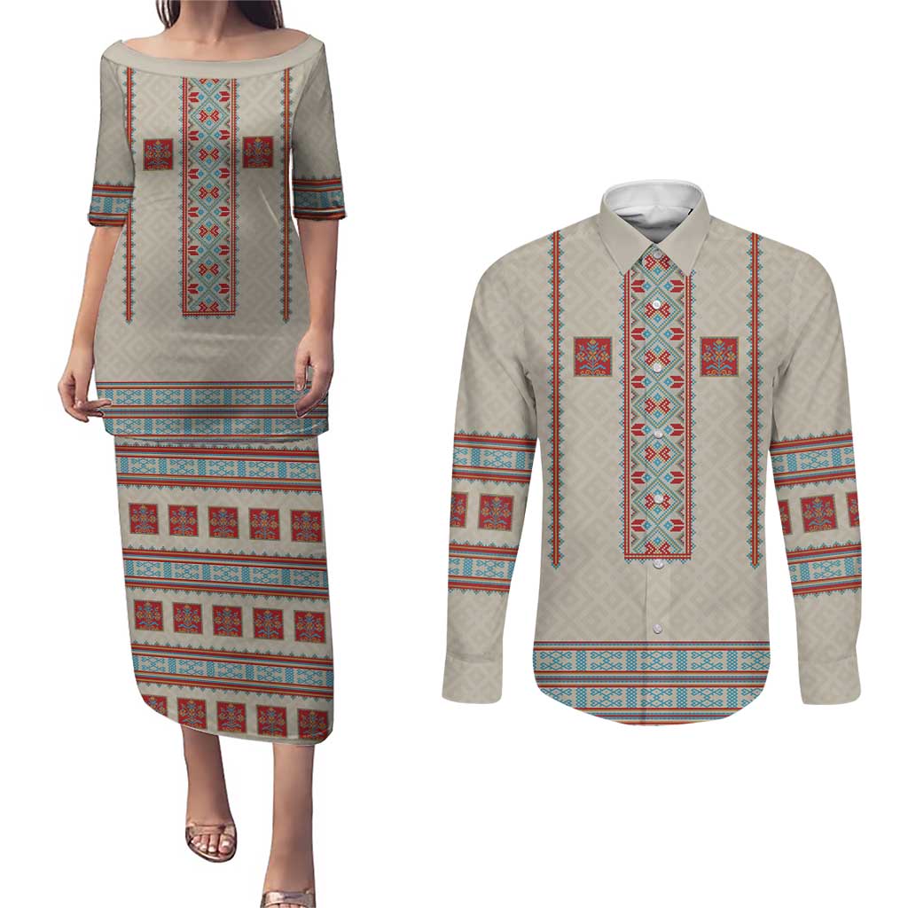 Lithuanian National Costume Couples Matching Puletasi and Long Sleeve Button Shirt Traditional Folk Pattern - Wonder Print Shop