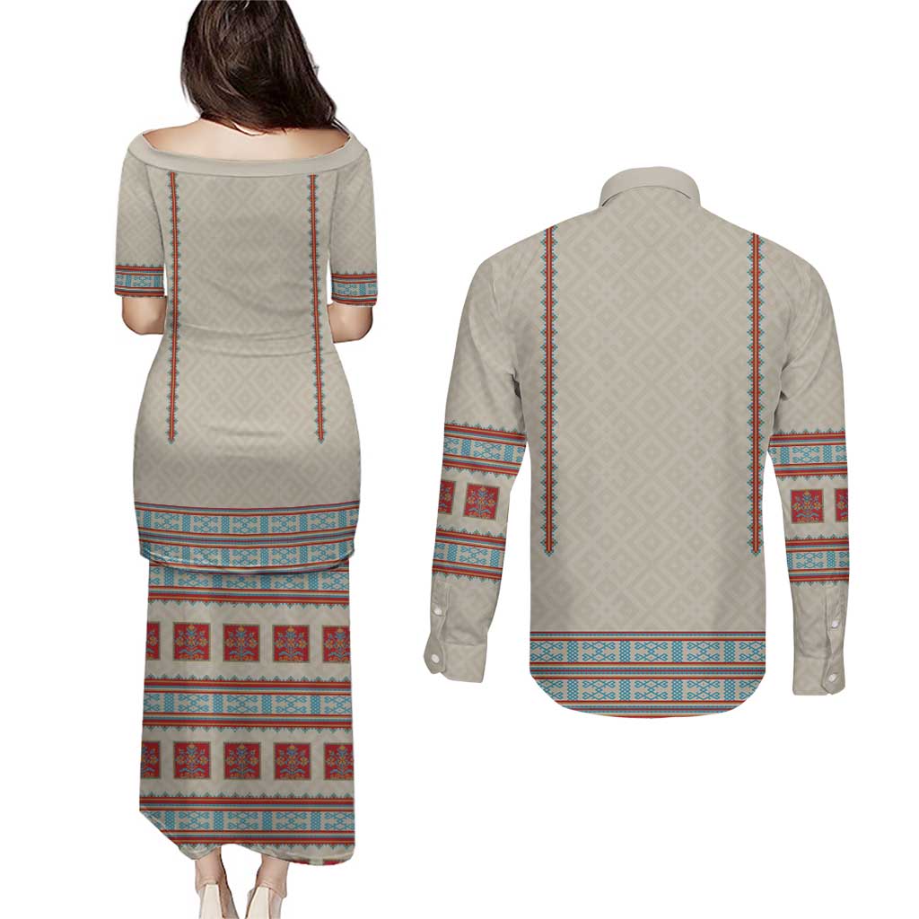Lithuanian National Costume Couples Matching Puletasi and Long Sleeve Button Shirt Traditional Folk Pattern - Wonder Print Shop