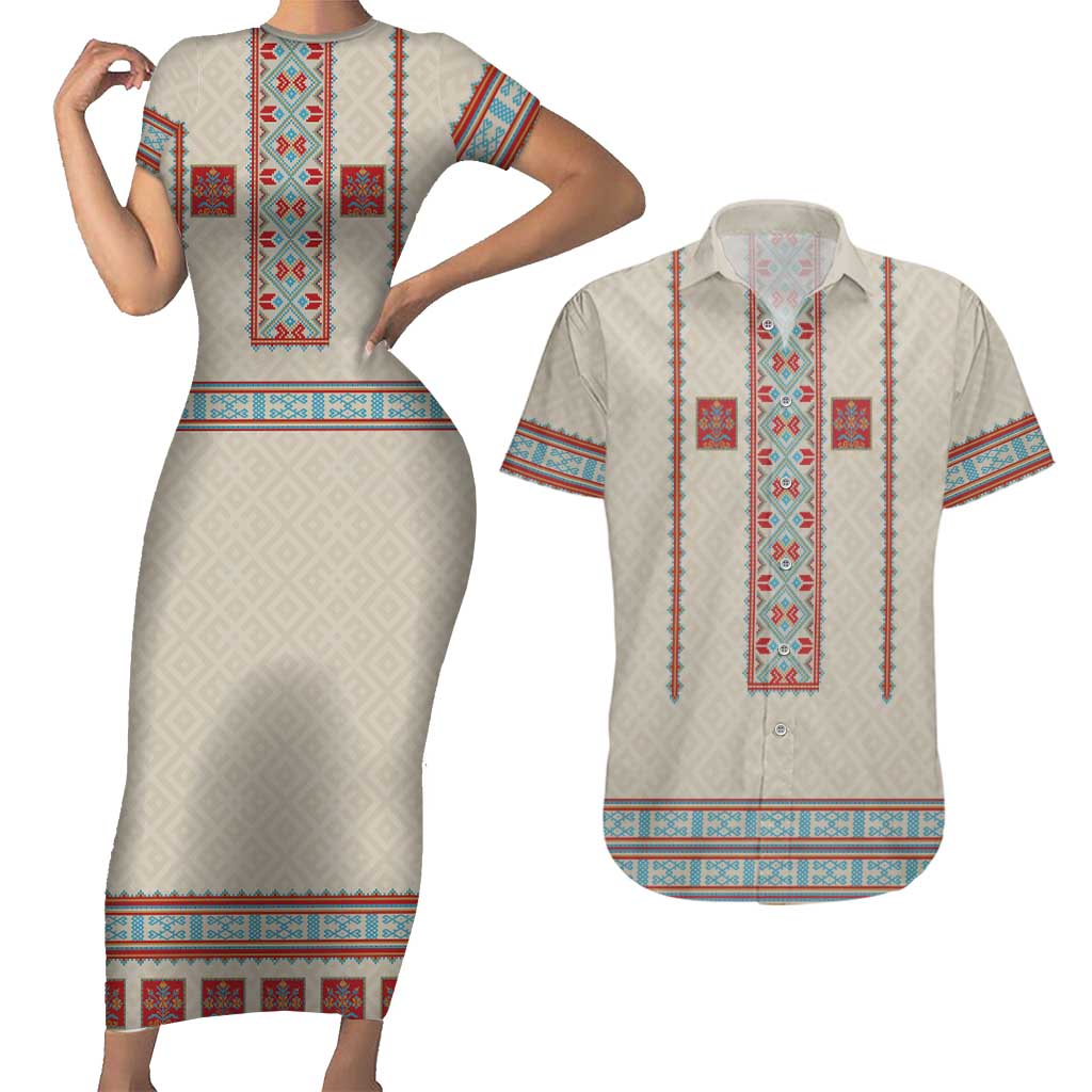Lithuanian National Costume Couples Matching Short Sleeve Bodycon Dress and Hawaiian Shirt Traditional Folk Pattern - Wonder Print Shop