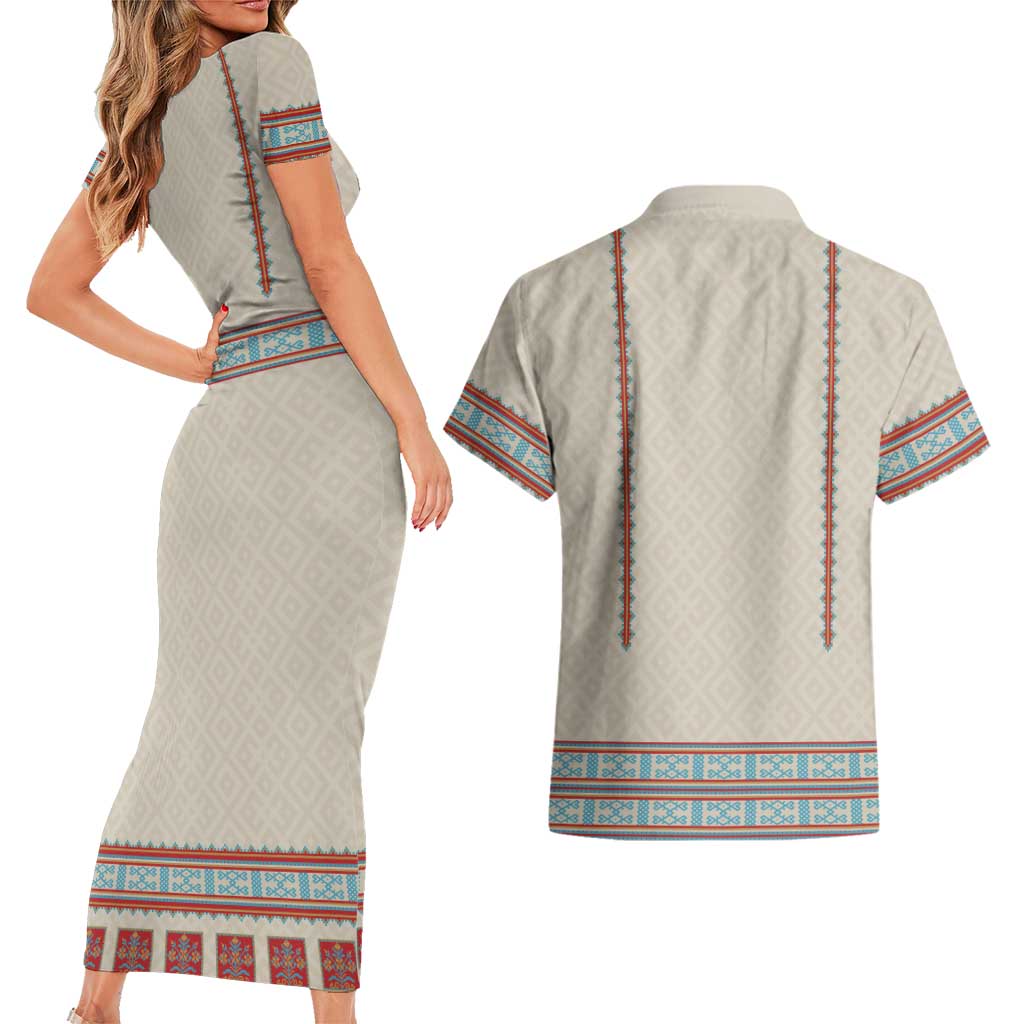 Lithuanian National Costume Couples Matching Short Sleeve Bodycon Dress and Hawaiian Shirt Traditional Folk Pattern - Wonder Print Shop