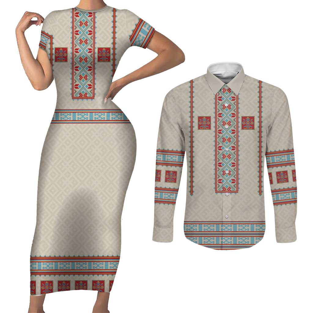 Lithuanian National Costume Couples Matching Short Sleeve Bodycon Dress and Long Sleeve Button Shirt Traditional Folk Pattern - Wonder Print Shop