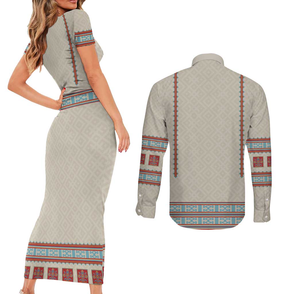 Lithuanian National Costume Couples Matching Short Sleeve Bodycon Dress and Long Sleeve Button Shirt Traditional Folk Pattern - Wonder Print Shop