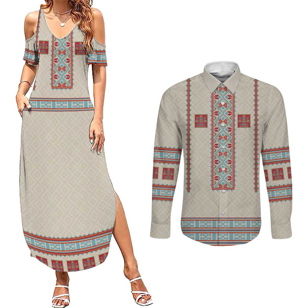 Lithuanian National Costume Couples Matching Summer Maxi Dress and Long Sleeve Button Shirt Traditional Folk Pattern - Wonder Print Shop