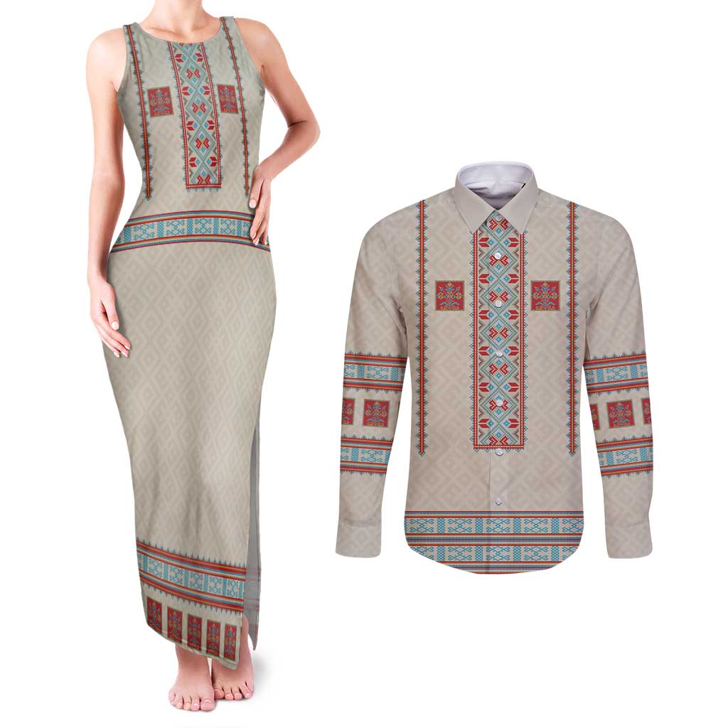 Lithuanian National Costume Couples Matching Tank Maxi Dress and Long Sleeve Button Shirt Traditional Folk Pattern - Wonder Print Shop