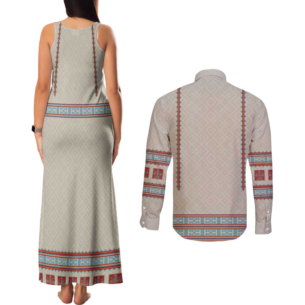 Lithuanian National Costume Couples Matching Tank Maxi Dress and Long Sleeve Button Shirt Traditional Folk Pattern - Wonder Print Shop