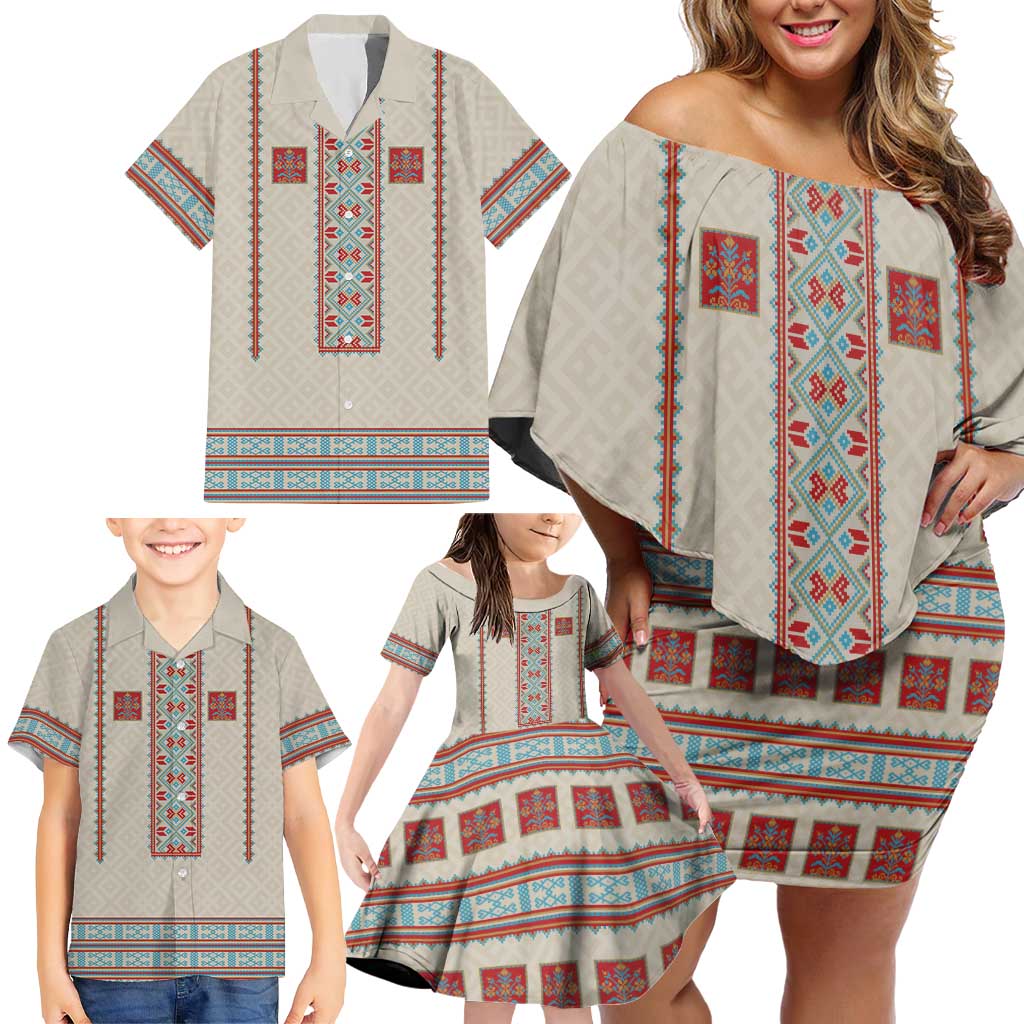 Lithuanian National Costume Family Matching Off Shoulder Short Dress and Hawaiian Shirt Traditional Folk Pattern - Wonder Print Shop