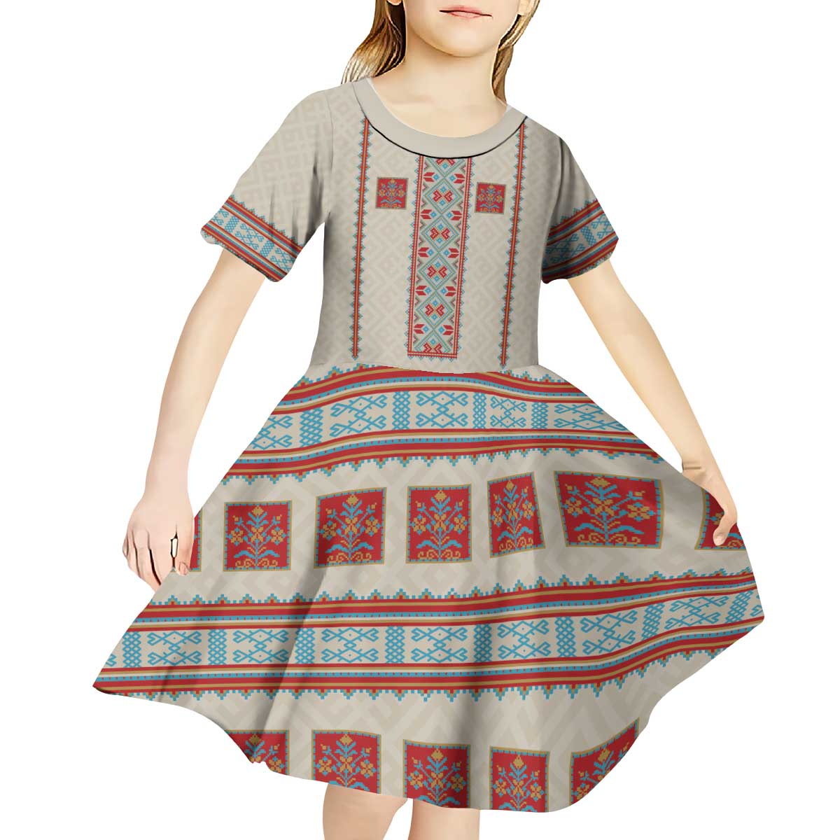 Lithuanian National Costume Kid Short Sleeve Dress Traditional Folk Pattern - Wonder Print Shop