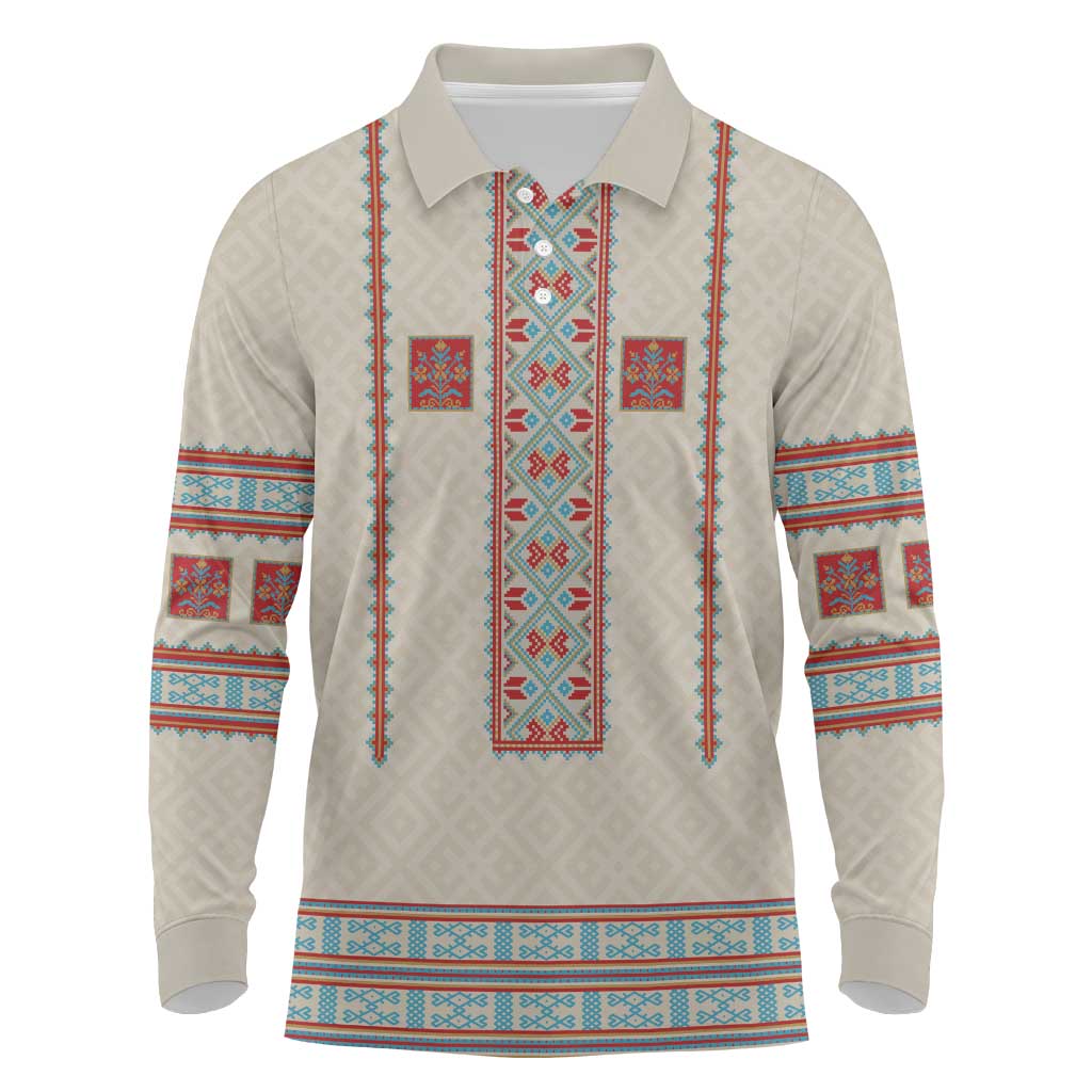 Lithuanian National Costume Long Sleeve Polo Shirt Traditional Folk Pattern - Wonder Print Shop