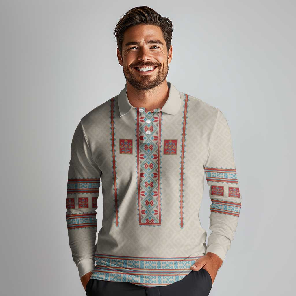 Lithuanian National Costume Long Sleeve Polo Shirt Traditional Folk Pattern - Wonder Print Shop