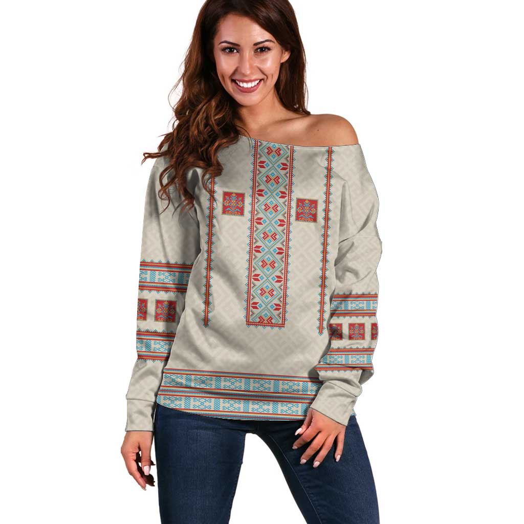 Lithuanian National Costume Off Shoulder Sweater Traditional Folk Pattern - Wonder Print Shop