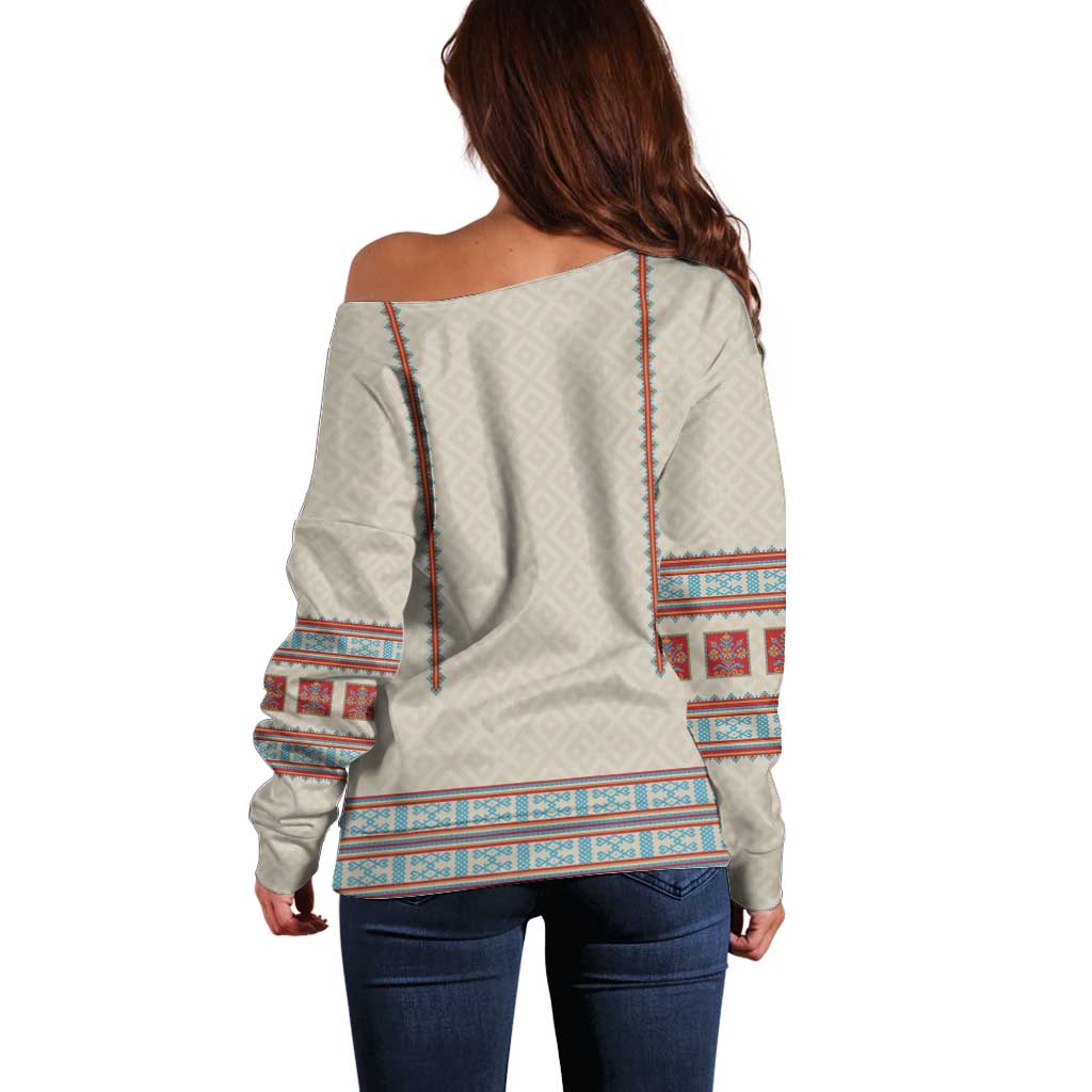 Lithuanian National Costume Off Shoulder Sweater Traditional Folk Pattern - Wonder Print Shop