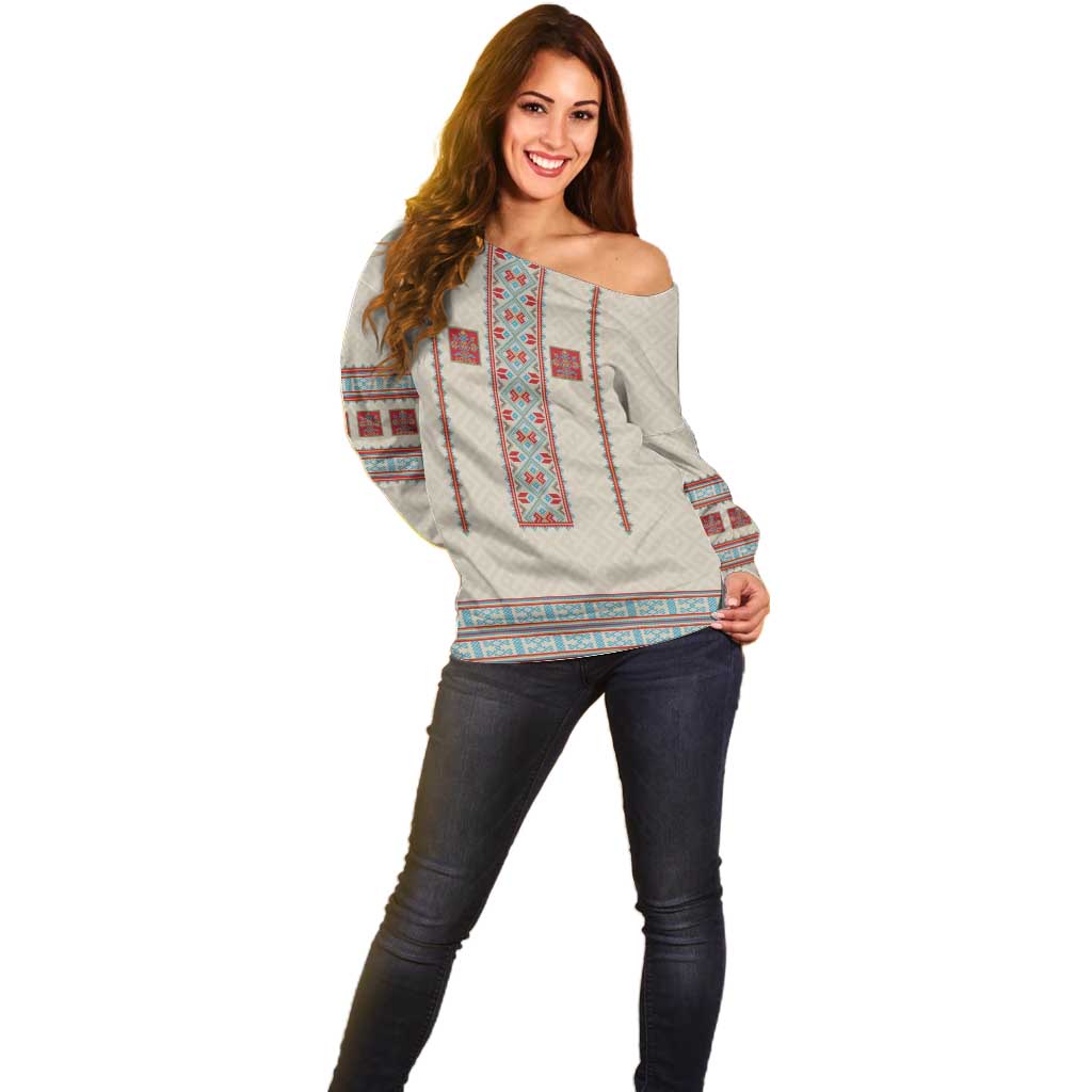 Lithuanian National Costume Off Shoulder Sweater Traditional Folk Pattern - Wonder Print Shop