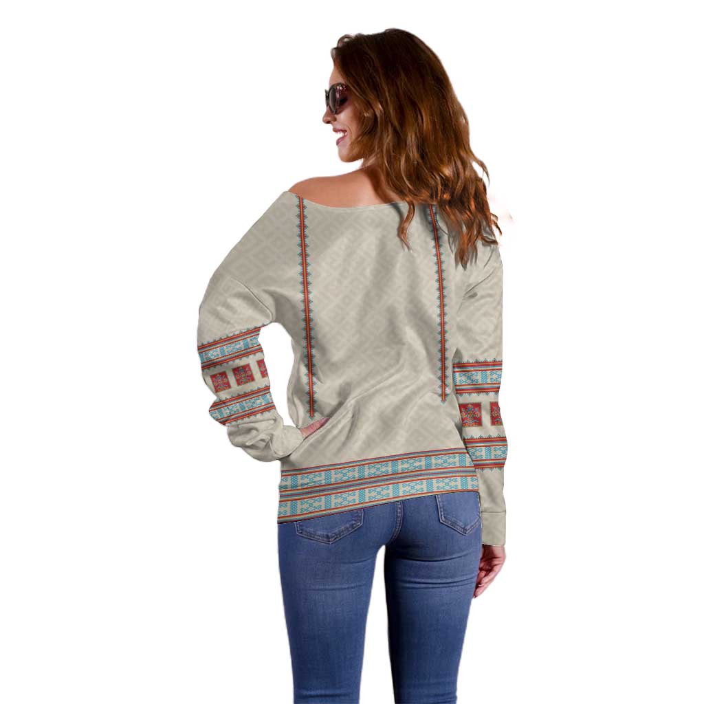 Lithuanian National Costume Off Shoulder Sweater Traditional Folk Pattern - Wonder Print Shop