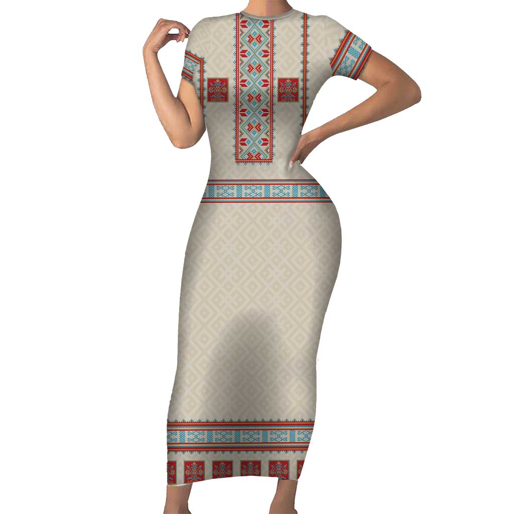 Lithuanian National Costume Short Sleeve Bodycon Dress Traditional Folk Pattern - Wonder Print Shop