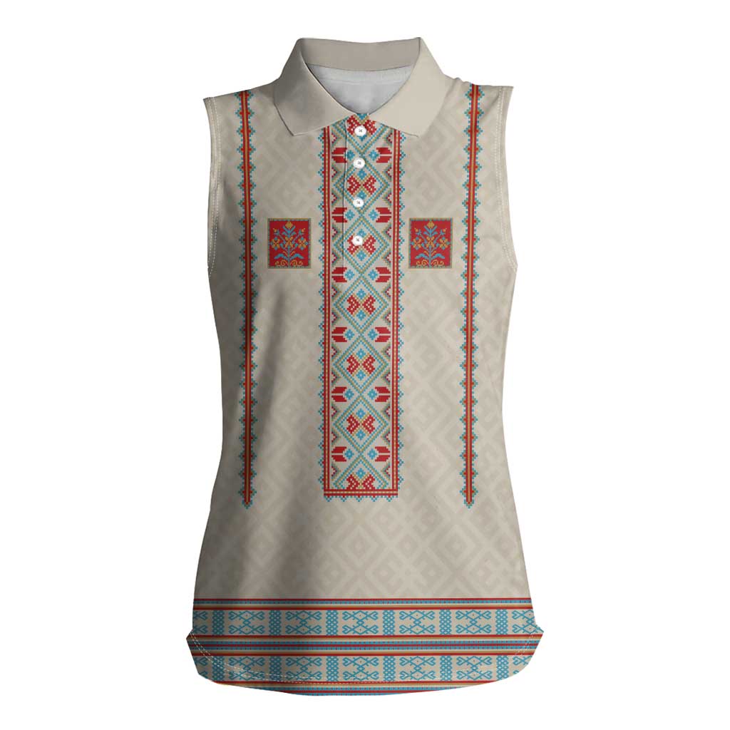 Lithuanian National Costume Women Sleeveless Polo Shirt Traditional Folk Pattern - Wonder Print Shop