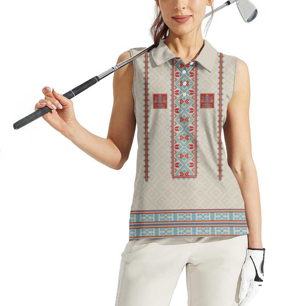 Lithuanian National Costume Women Sleeveless Polo Shirt Traditional Folk Pattern - Wonder Print Shop
