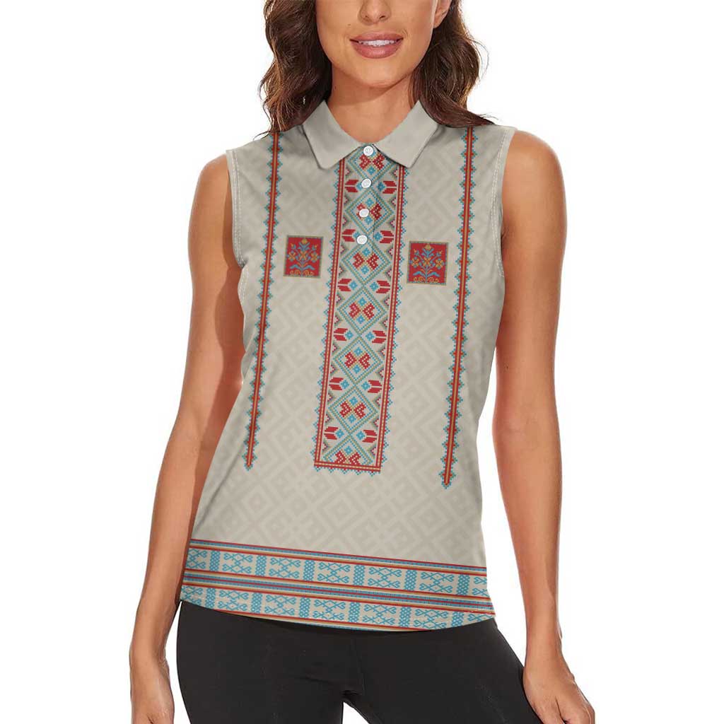Lithuanian National Costume Women Sleeveless Polo Shirt Traditional Folk Pattern - Wonder Print Shop