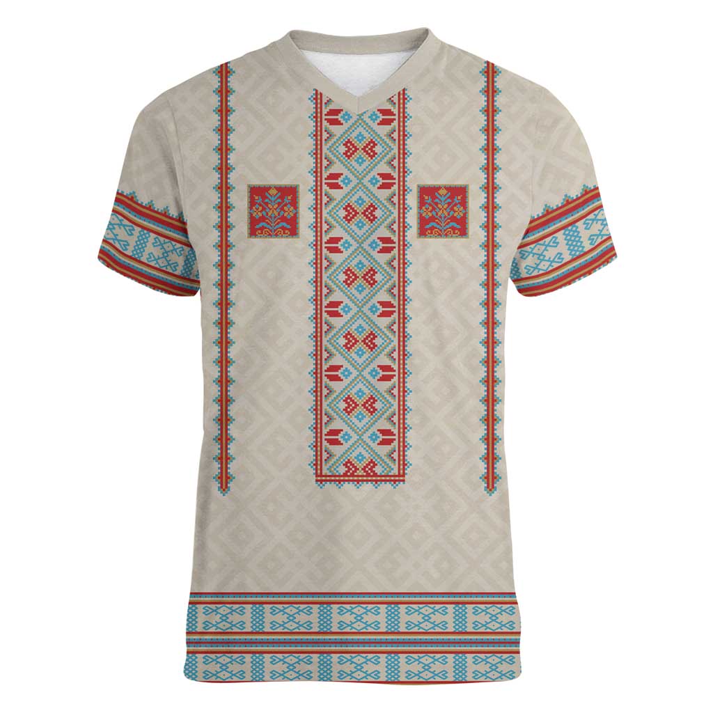 Lithuanian National Costume Women V-Neck T-Shirt Traditional Folk Pattern - Wonder Print Shop