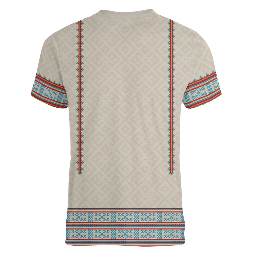 Lithuanian National Costume Women V-Neck T-Shirt Traditional Folk Pattern - Wonder Print Shop