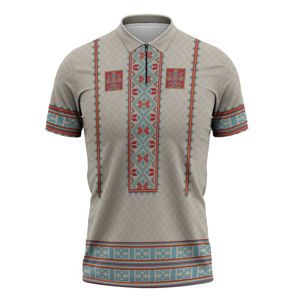 Lithuanian National Costume Zipper Polo Shirt Traditional Folk Pattern - Wonder Print Shop