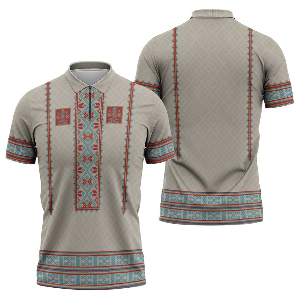 Lithuanian National Costume Zipper Polo Shirt Traditional Folk Pattern - Wonder Print Shop
