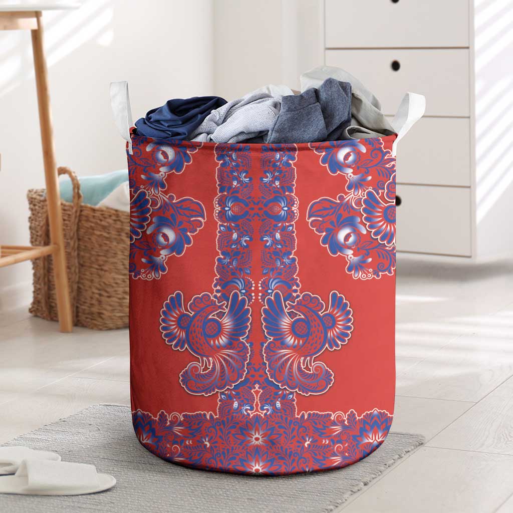 Red Russian National Costume Laundry Basket Rooster Motifs Traditional Folk Pattern - Wonder Print Shop