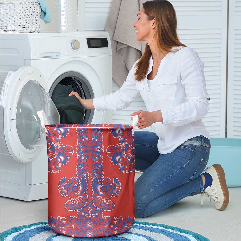 Red Russian National Costume Laundry Basket Rooster Motifs Traditional Folk Pattern - Wonder Print Shop