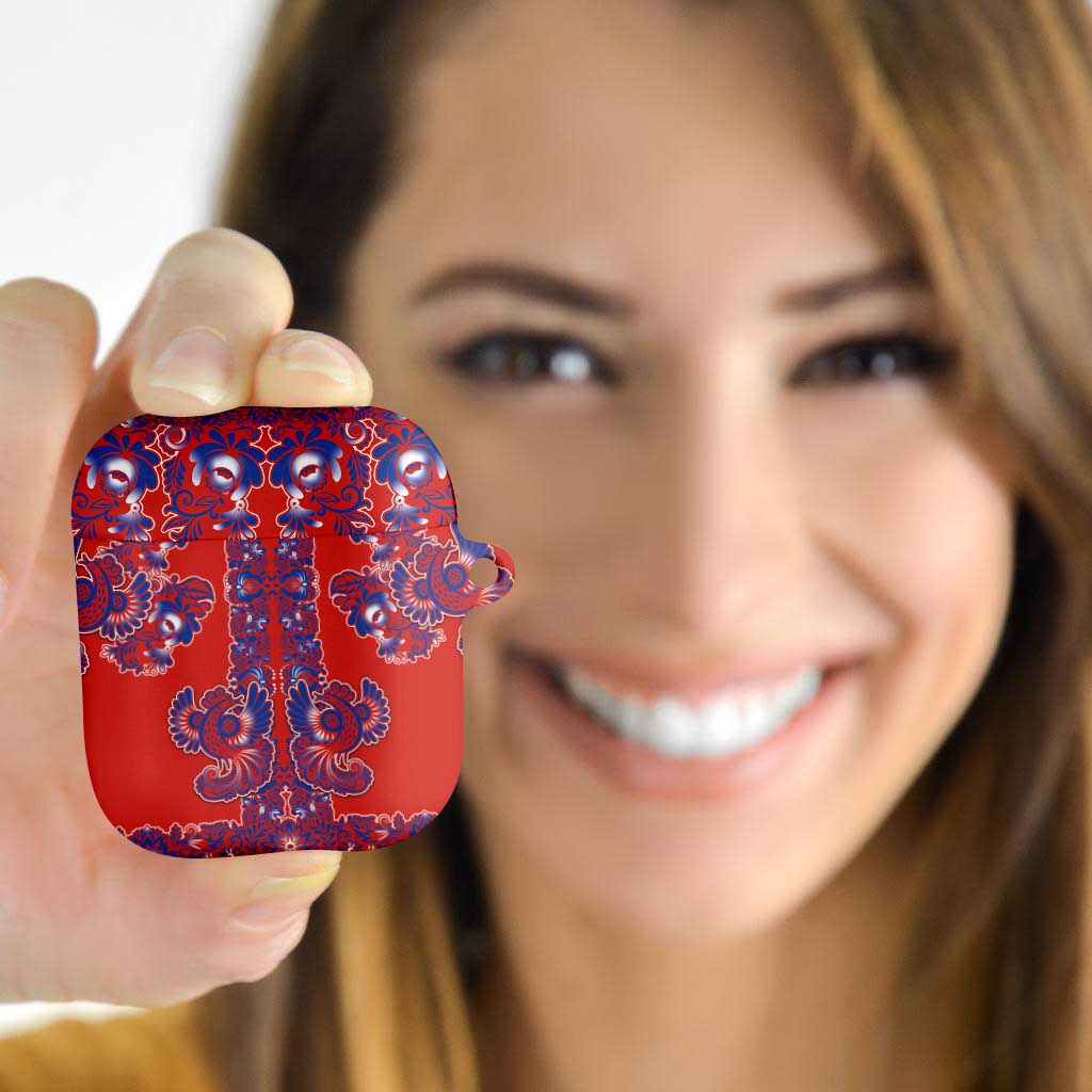 Red Russian National Costume AirPods Case Rooster Motifs Traditional Folk Pattern - Wonder Print Shop