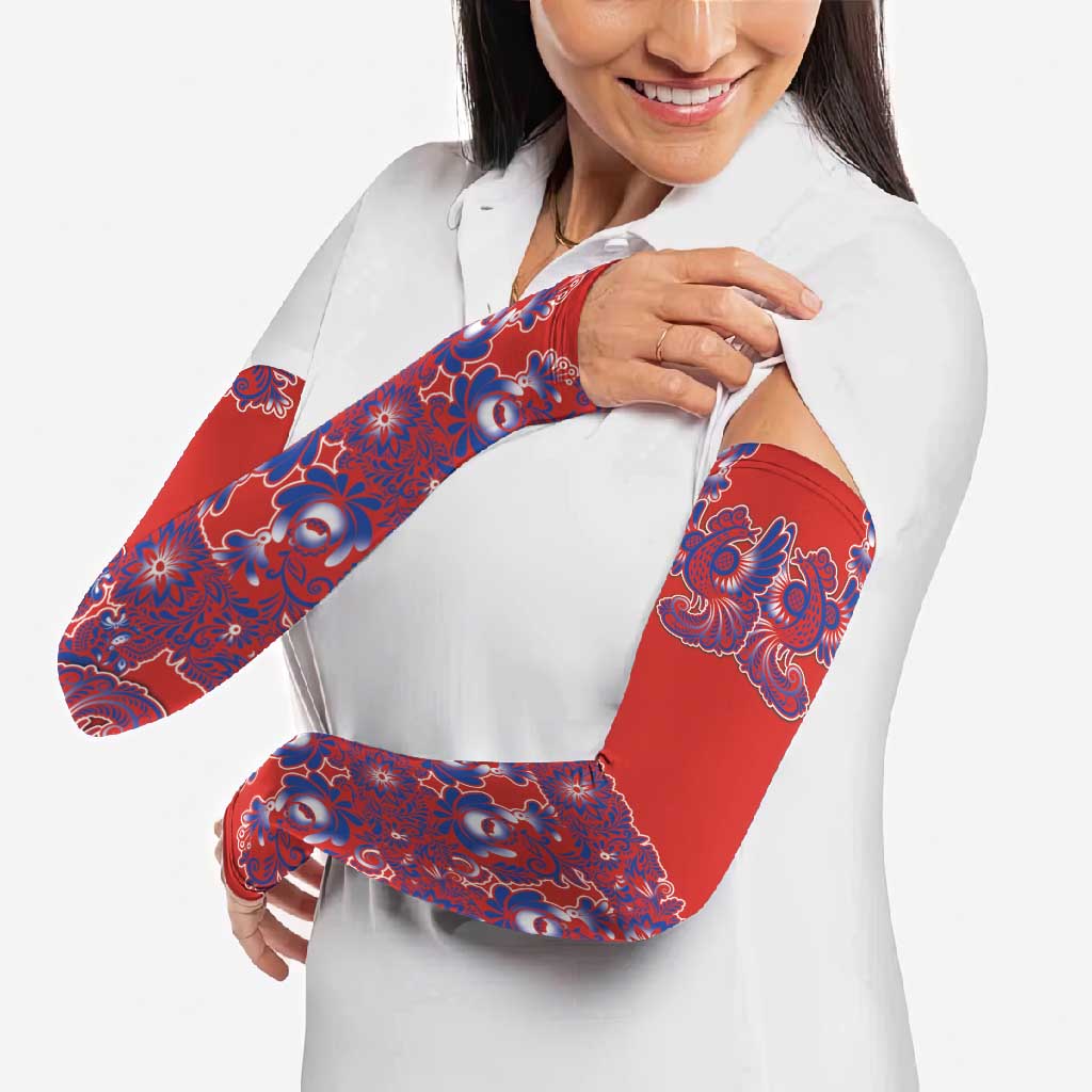 Red Russian National Costume Arm Sleeves Rooster Motifs Traditional Folk Pattern - Wonder Print Shop