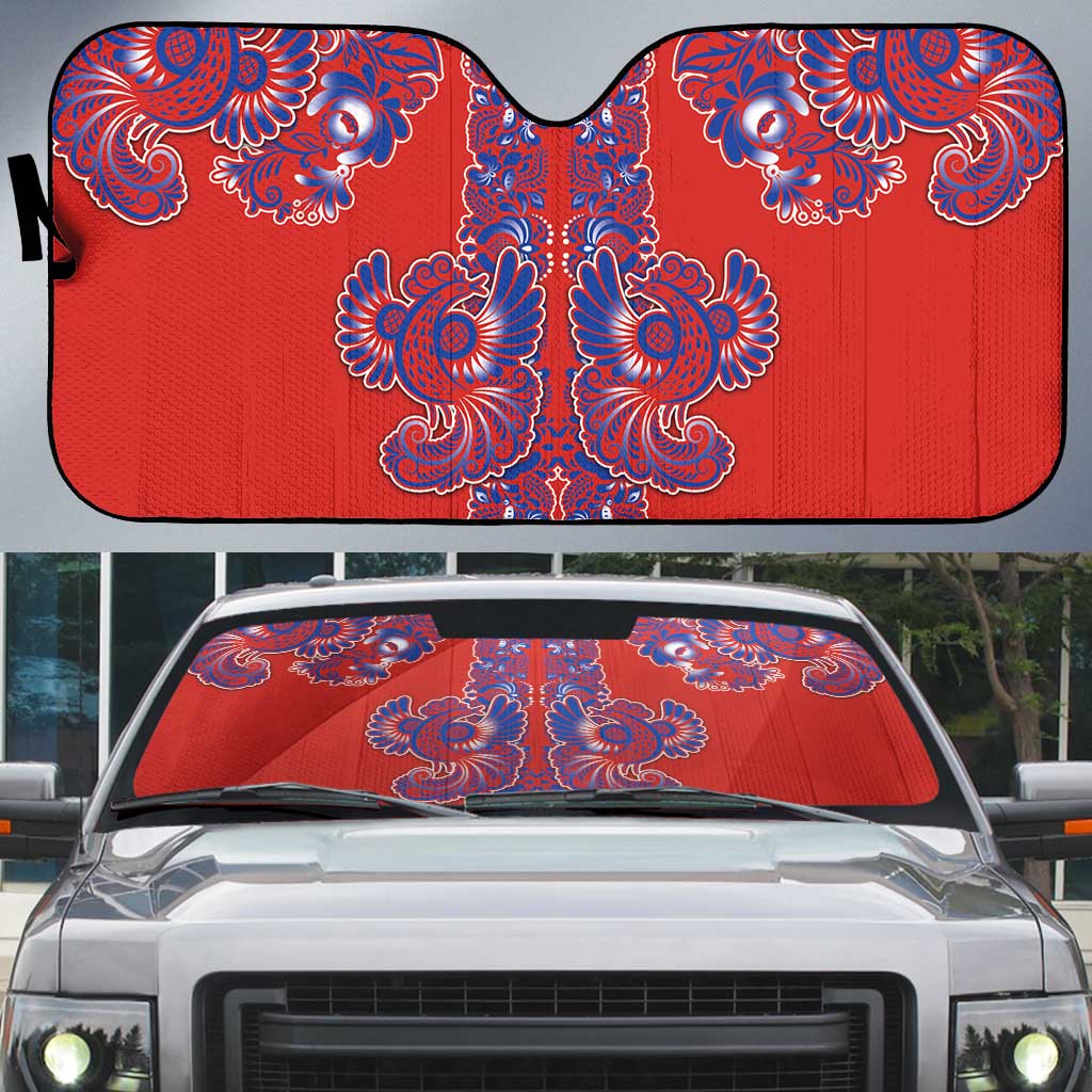 Red Russian National Costume Auto Sun Shade Rooster Motifs Traditional Folk Pattern - Wonder Print Shop