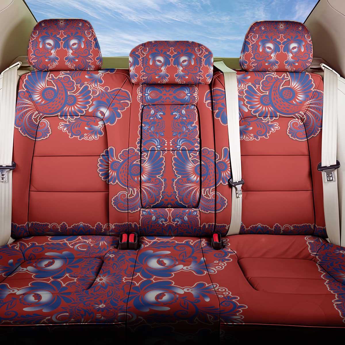 Red Russian National Costume Back Car Seat Cover Rooster Motifs Traditional Folk Pattern - Wonder Print Shop
