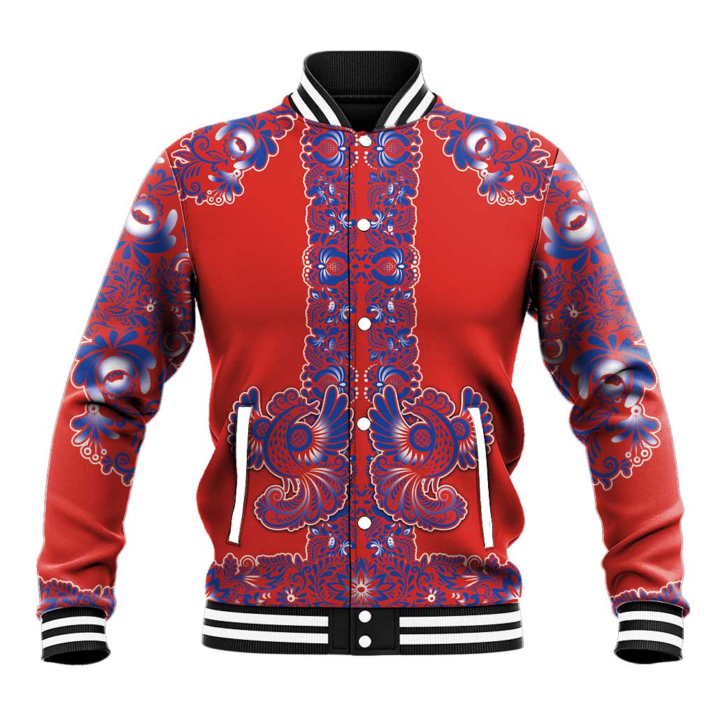 Red Russian National Costume Baseball Jacket Rooster Motifs Traditional Folk Pattern - Wonder Print Shop