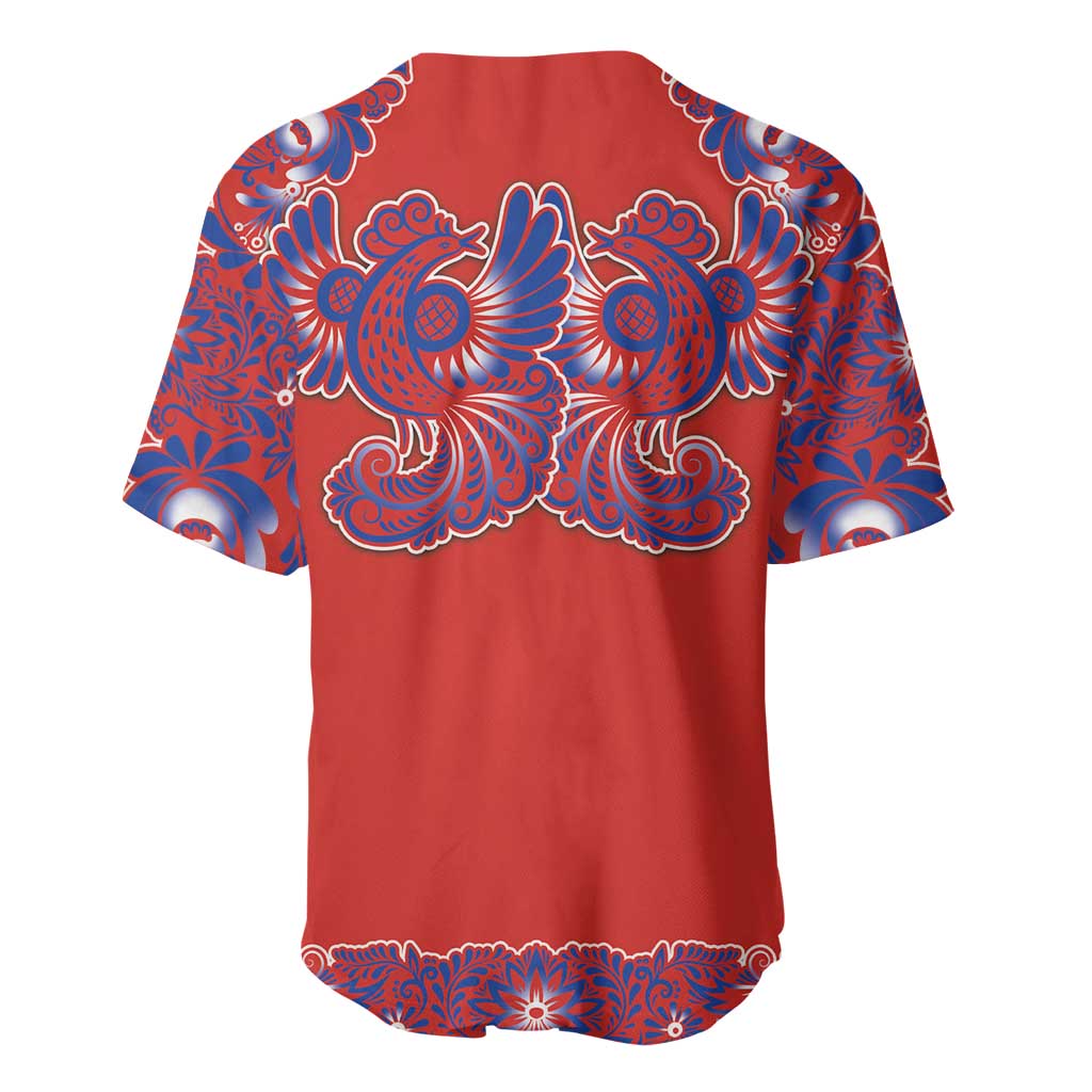 Red Russian National Costume Baseball Jersey Rooster Motifs Traditional Folk Pattern - Wonder Print Shop