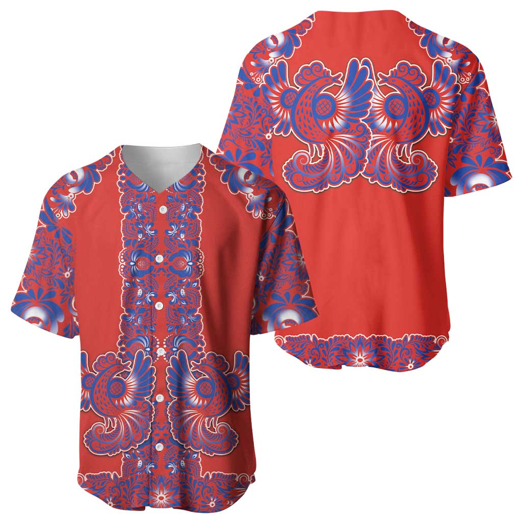 Red Russian National Costume Baseball Jersey Rooster Motifs Traditional Folk Pattern - Wonder Print Shop