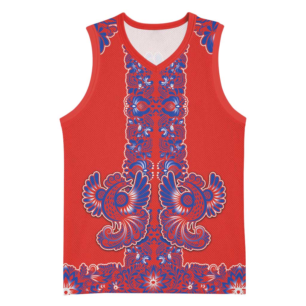 Red Russian National Costume Basketball Jersey Rooster Motifs Traditional Folk Pattern - Wonder Print Shop