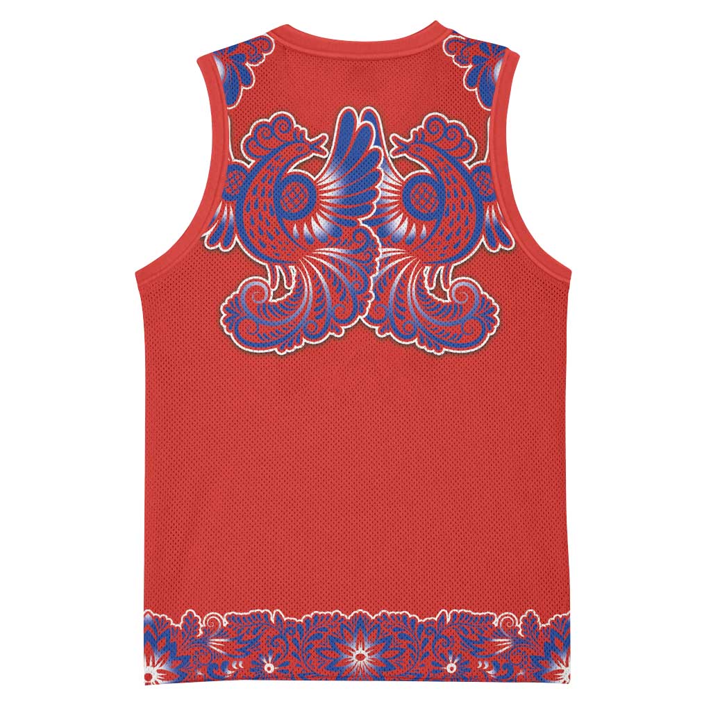 Red Russian National Costume Basketball Jersey Rooster Motifs Traditional Folk Pattern - Wonder Print Shop