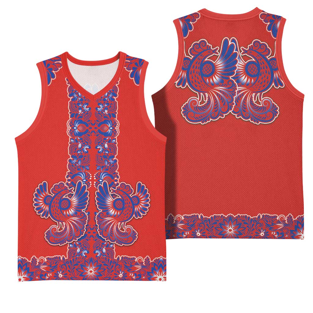 Red Russian National Costume Basketball Jersey Rooster Motifs Traditional Folk Pattern - Wonder Print Shop