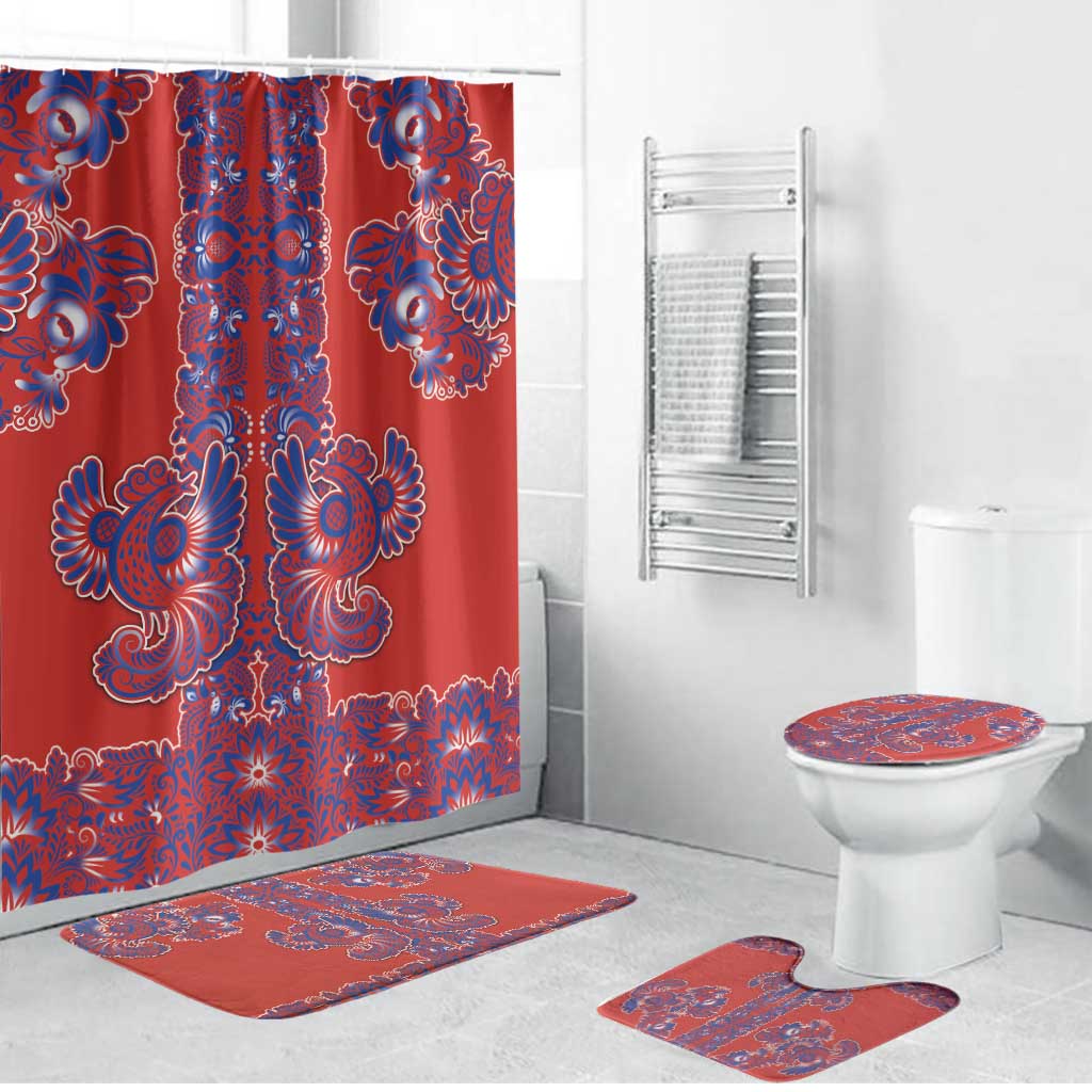 Red Russian National Costume Bathroom Set Rooster Motifs Traditional Folk Pattern - Wonder Print Shop