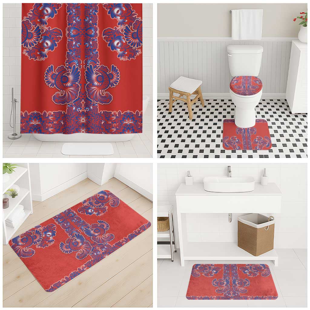 Red Russian National Costume Bathroom Set Rooster Motifs Traditional Folk Pattern - Wonder Print Shop