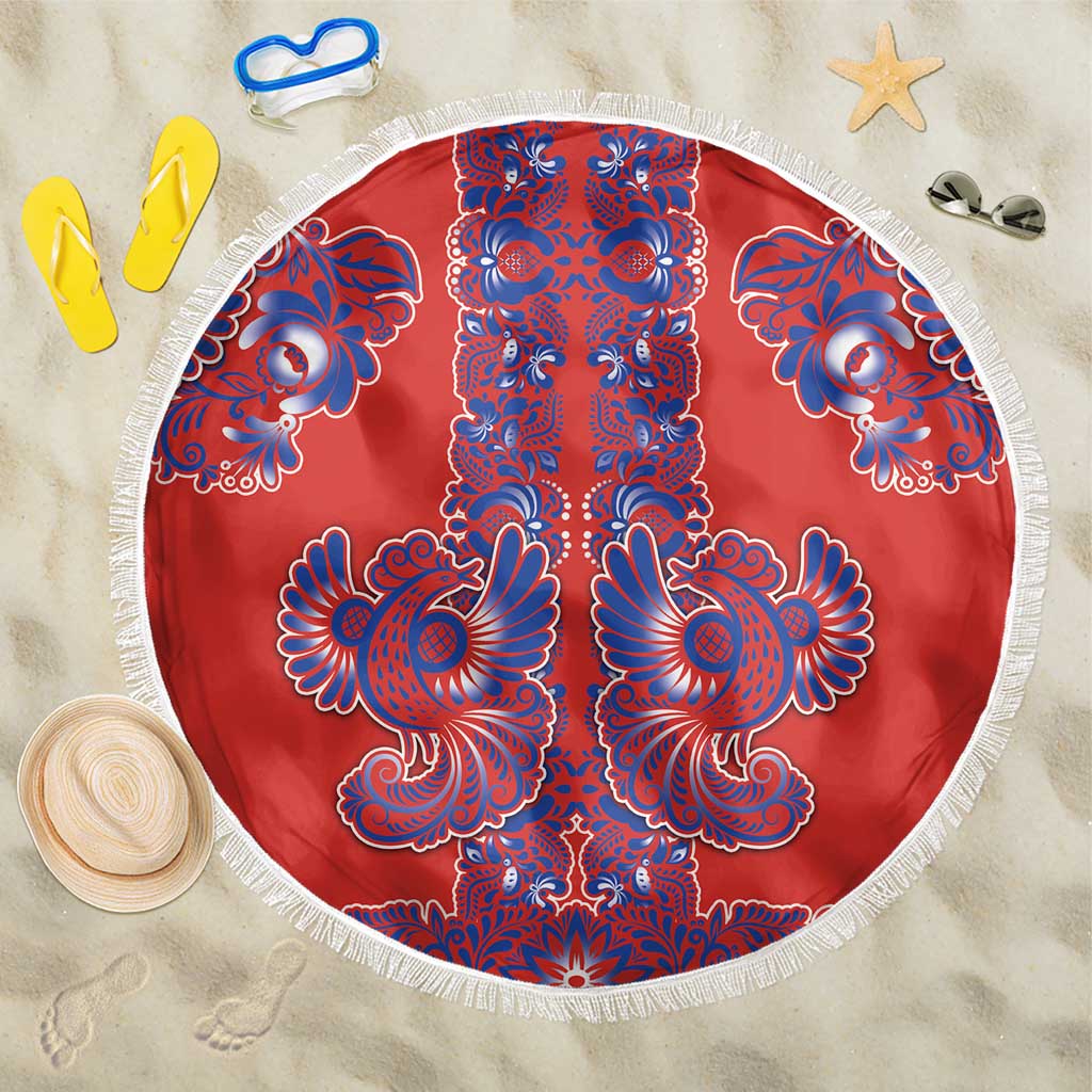Red Russian National Costume Beach Blanket Rooster Motifs Traditional Folk Pattern - Wonder Print Shop