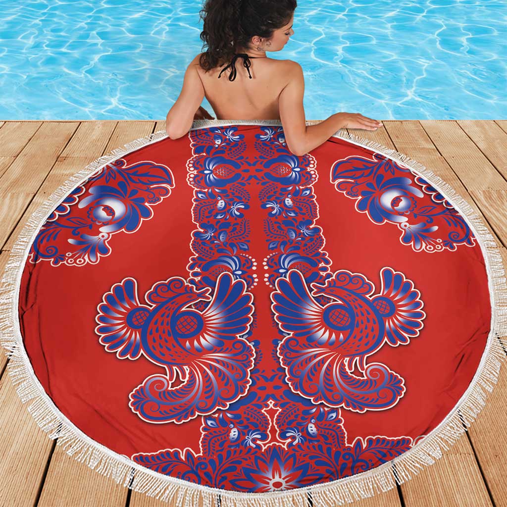 Red Russian National Costume Beach Blanket Rooster Motifs Traditional Folk Pattern - Wonder Print Shop