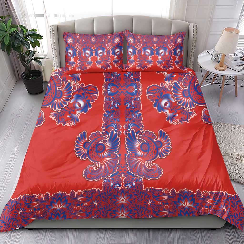 Red Russian National Costume Bedding Set Rooster Motifs Traditional Folk Pattern - Wonder Print Shop