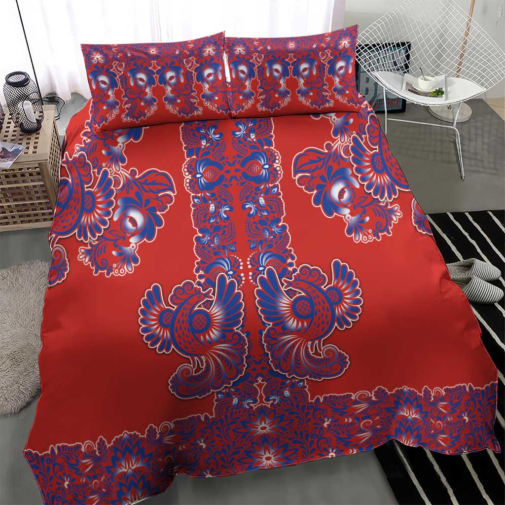Red Russian National Costume Bedding Set Rooster Motifs Traditional Folk Pattern - Wonder Print Shop